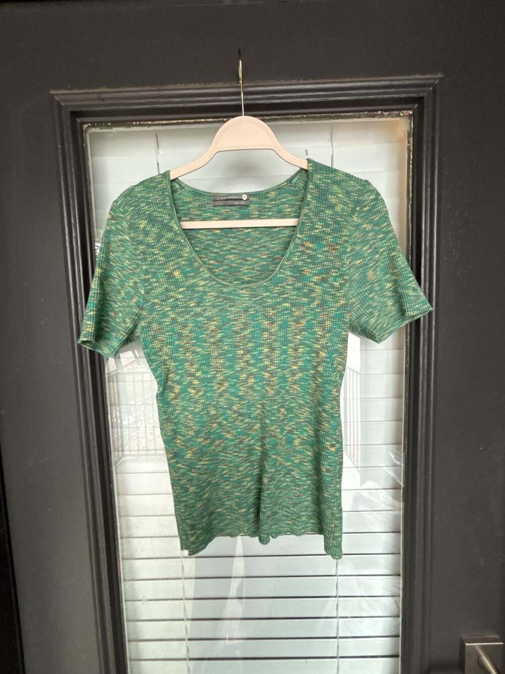 by Anthropologie Ribbed Knit Short Sleeve Sweater Size L Green Yellow